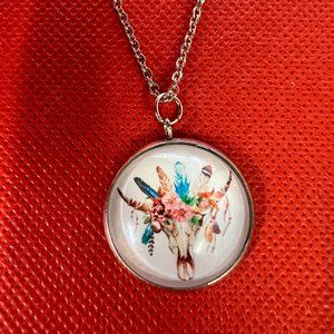 Southwestern Steer Head with Flowers and Feathers Silver Tone Pendant Necklace